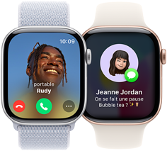 Appel entrant sur une Apple Watch Series 10 et réception d’un SMS sur une autre Apple Watch Series 10