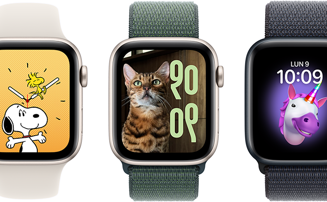 Options de cadran, notamment Memoji, Photos, Portrait et Snoopy, sur six Apple Watch