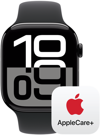 Apple Watch Series 10 à côté du logo AppleCare+, représentant la couverture AppleCare+.