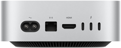 Vue arrière d’un Mac mini en finition argent montrant les ports à l’arrière : un port HDMI, un port Ethernet, trois ports Thunderbolt et le port d’alimentation