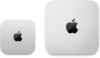 Vue de dessus d’un Mac mini 2024 en finition argent avec le logo Apple à côté d’un Mac mini 2023 en finition argent avec le logo Apple pour montrer leur différence de taille