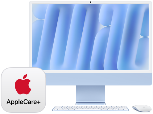 Badge AppleCare+, avec iMac vu de face et Magic Keyboard et Magic Mouse assortis