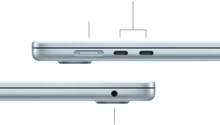 Vues latérales du MacBook Air montrant les ports : MagSafe et deux ports Thunderbolt 4 du côté gauche, prise casque du côté droit