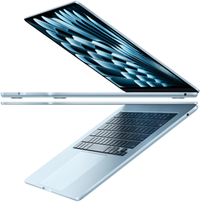 Deux MacBook Air en finition bleu ciel ouverts forment une flèche, soulignant la finesse du profil